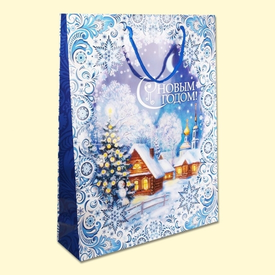 Изображение Пакет подарочный бумажный "Зимний домик", 31x40x9 см, синий 